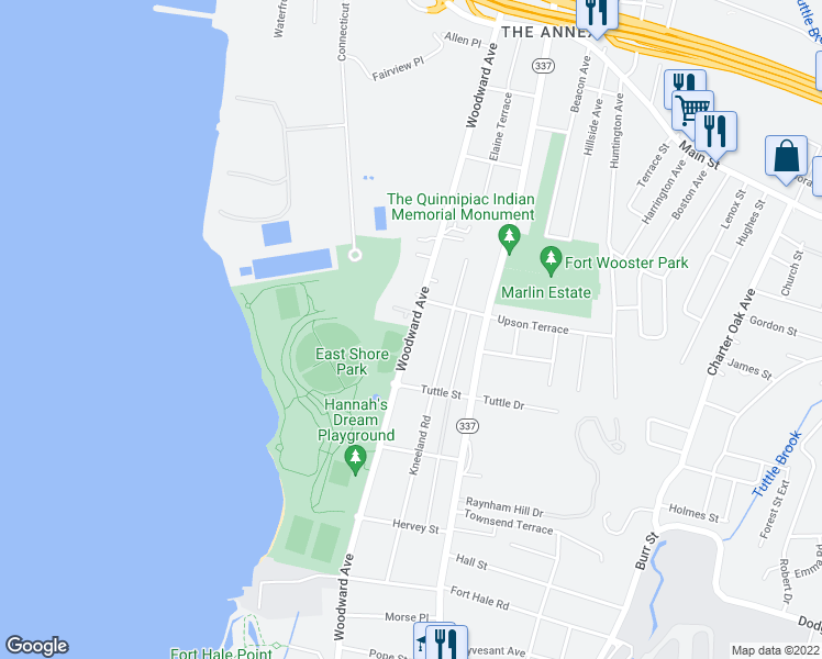 map of restaurants, bars, coffee shops, grocery stores, and more near 410 Woodward Avenue in New Haven