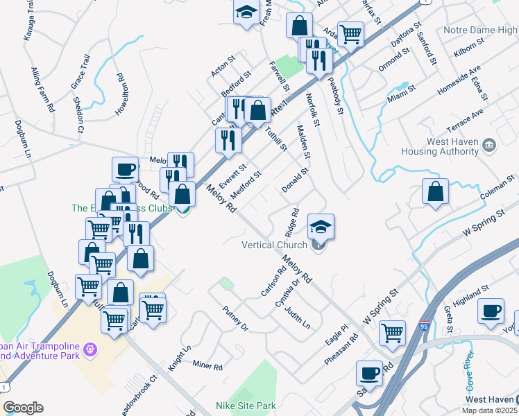 map of restaurants, bars, coffee shops, grocery stores, and more near 12 Roy Street in West Haven