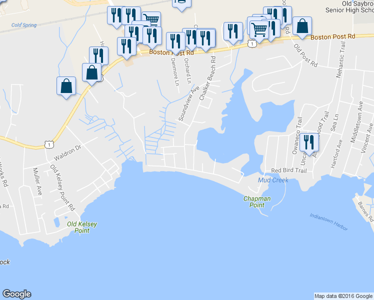 map of restaurants, bars, coffee shops, grocery stores, and more near 122 Chalker Beach Road in Old Saybrook