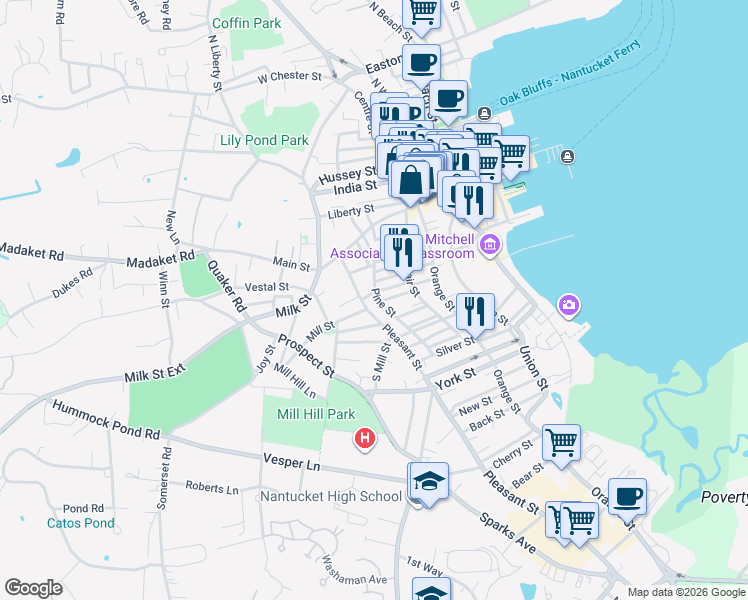 map of restaurants, bars, coffee shops, grocery stores, and more near 19 Pine Street in Nantucket