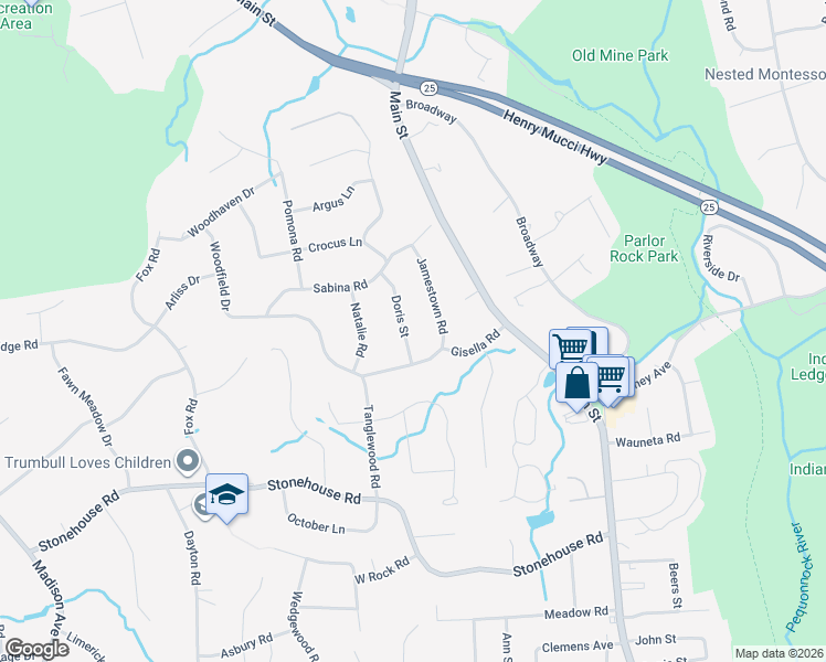 map of restaurants, bars, coffee shops, grocery stores, and more near 12 Doris Street in Trumbull