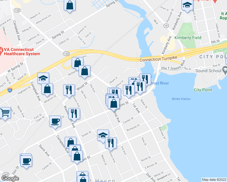 map of restaurants, bars, coffee shops, grocery stores, and more near 510 1st Avenue in West Haven