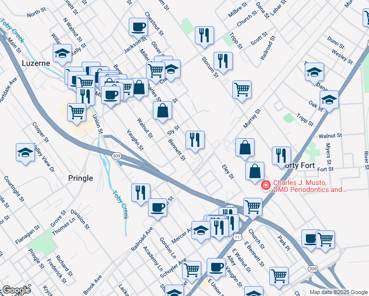 map of restaurants, bars, coffee shops, grocery stores, and more near 182 Carpenter Street in Luzerne
