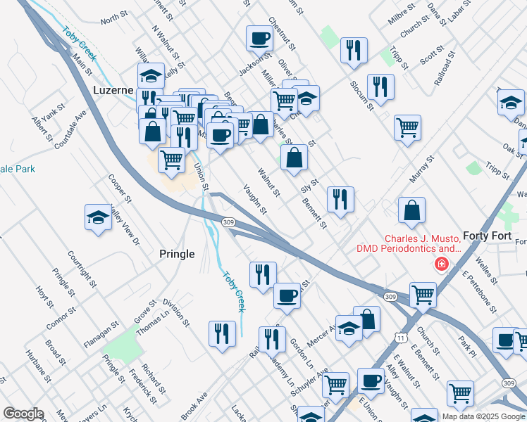map of restaurants, bars, coffee shops, grocery stores, and more near 500-508 Vaughn Street in Luzerne