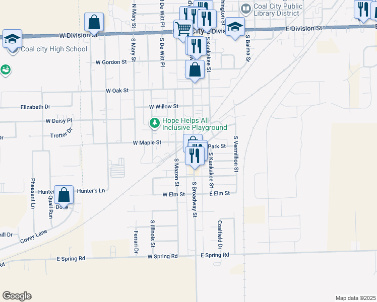 map of restaurants, bars, coffee shops, grocery stores, and more near 644 South Broadway Street in Coal City