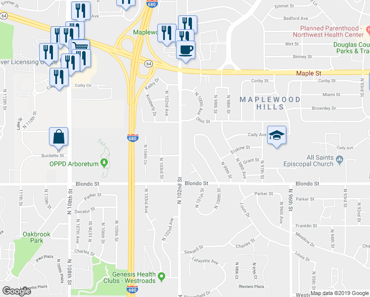 map of restaurants, bars, coffee shops, grocery stores, and more near in Omaha