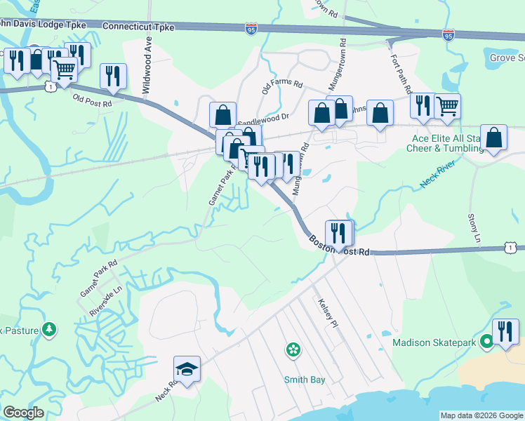 map of restaurants, bars, coffee shops, grocery stores, and more near 20 Ox Pasture Road in Madison