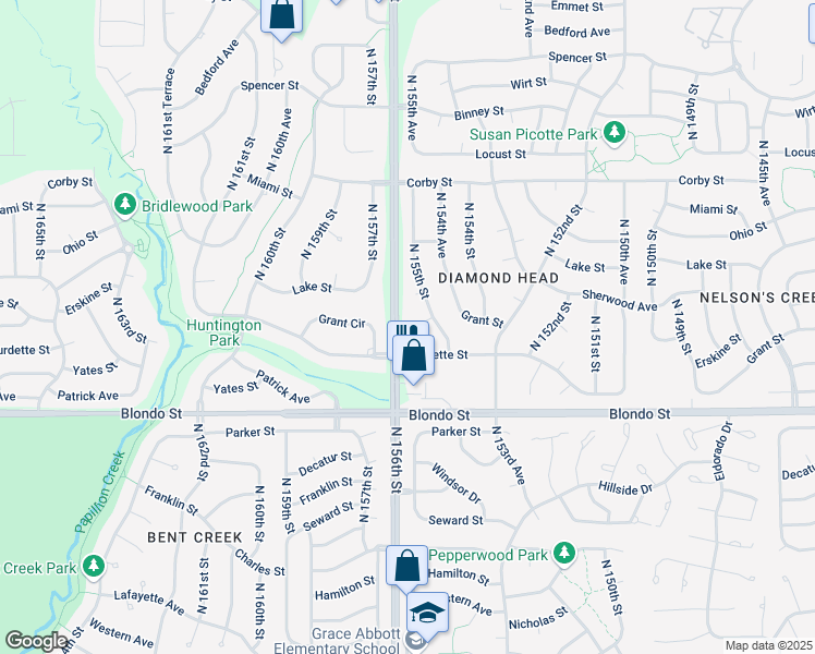 map of restaurants, bars, coffee shops, grocery stores, and more near 15522 Grant Circle in Omaha