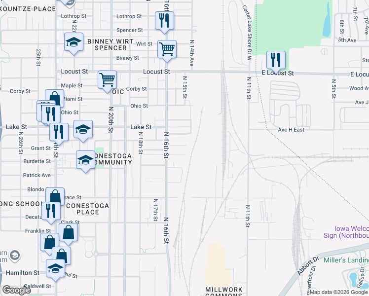 map of restaurants, bars, coffee shops, grocery stores, and more near 1502 Grant Street in Omaha