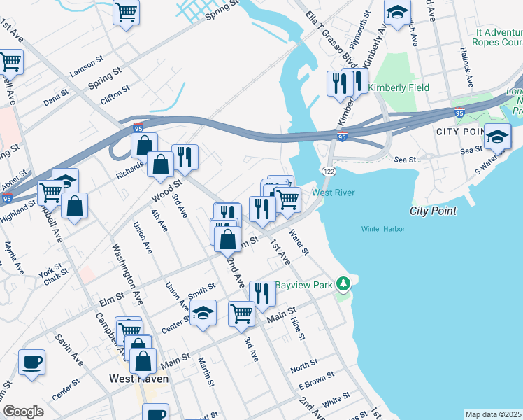 map of restaurants, bars, coffee shops, grocery stores, and more near 30 Wallace Street in West Haven