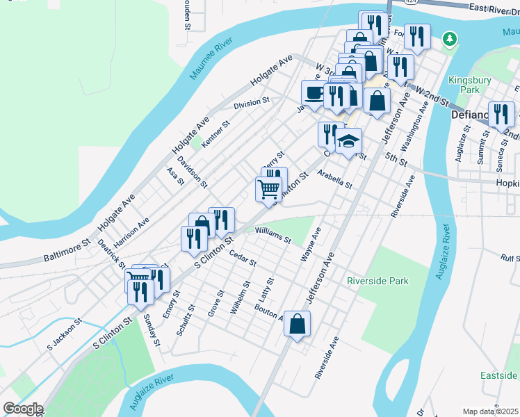 map of restaurants, bars, coffee shops, grocery stores, and more near 872 South Clinton Street in Defiance