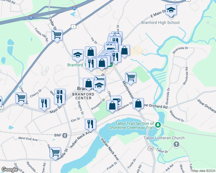map of restaurants, bars, coffee shops, grocery stores, and more near 75 South Main Street in Branford