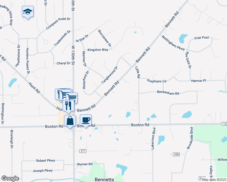 map of restaurants, bars, coffee shops, grocery stores, and more near 19285 Bennett Road in North Royalton
