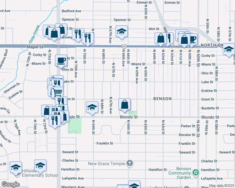 map of restaurants, bars, coffee shops, grocery stores, and more near 2316 North 67th Street in Omaha