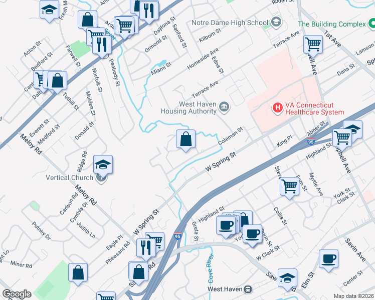 map of restaurants, bars, coffee shops, grocery stores, and more near 99 Coleman Street in West Haven