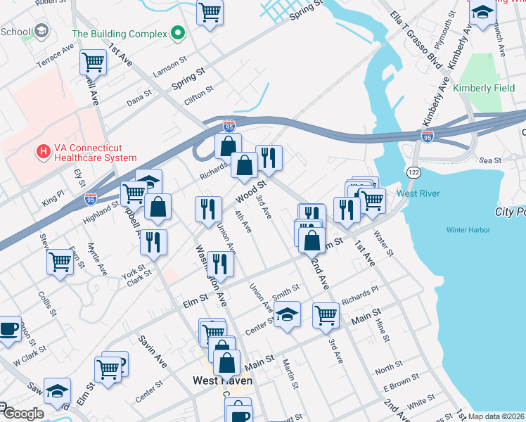 map of restaurants, bars, coffee shops, grocery stores, and more near 706 3rd Avenue in West Haven
