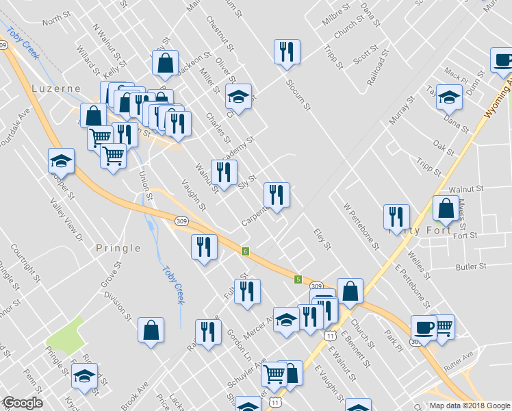 map of restaurants, bars, coffee shops, grocery stores, and more near 328 Charles Street in Luzerne