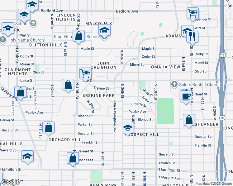 map of restaurants, bars, coffee shops, grocery stores, and more near 3614 Grant Street in Omaha
