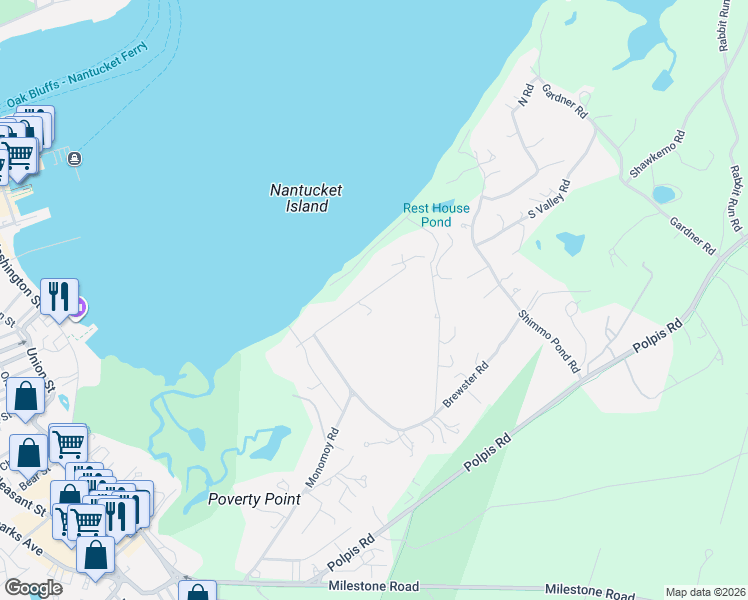 map of restaurants, bars, coffee shops, grocery stores, and more near 61 Monomoy Road in Nantucket