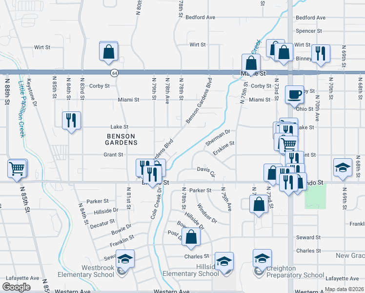map of restaurants, bars, coffee shops, grocery stores, and more near 2333 Benson Gardens Boulevard in Omaha
