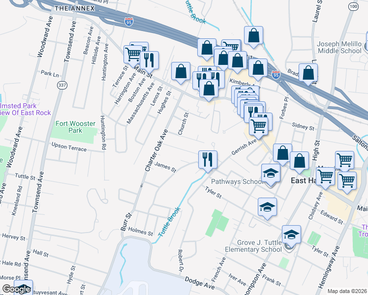 map of restaurants, bars, coffee shops, grocery stores, and more near 46 Gordon Street in East Haven