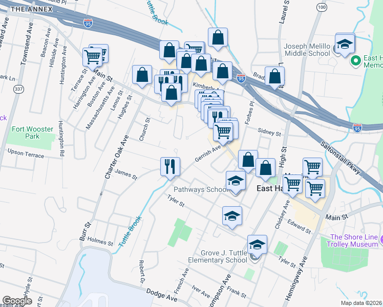 map of restaurants, bars, coffee shops, grocery stores, and more near 90 Gerrish Avenue in East Haven
