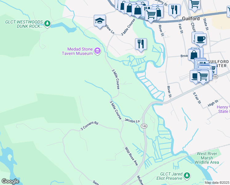 map of restaurants, bars, coffee shops, grocery stores, and more near 351 3 Mile Course in Guilford