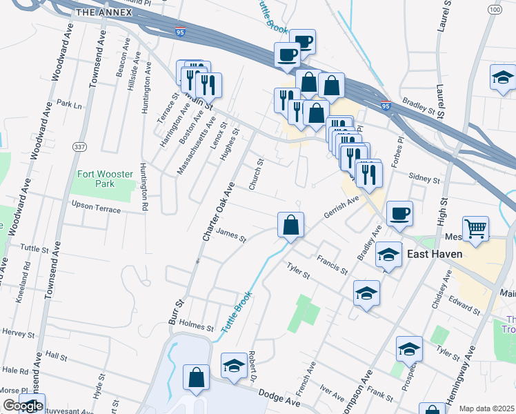 map of restaurants, bars, coffee shops, grocery stores, and more near 46 Gordon Street in East Haven