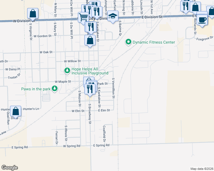 map of restaurants, bars, coffee shops, grocery stores, and more near 155 East Park Street in Coal City
