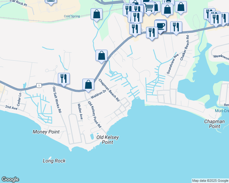 map of restaurants, bars, coffee shops, grocery stores, and more near 100 Chapman Beach Road in Westbrook