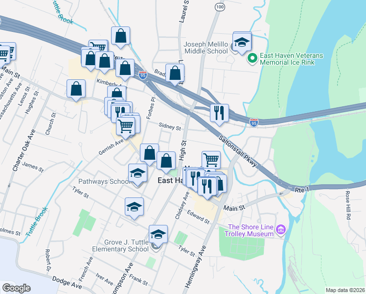 map of restaurants, bars, coffee shops, grocery stores, and more near 63 High Street in East Haven