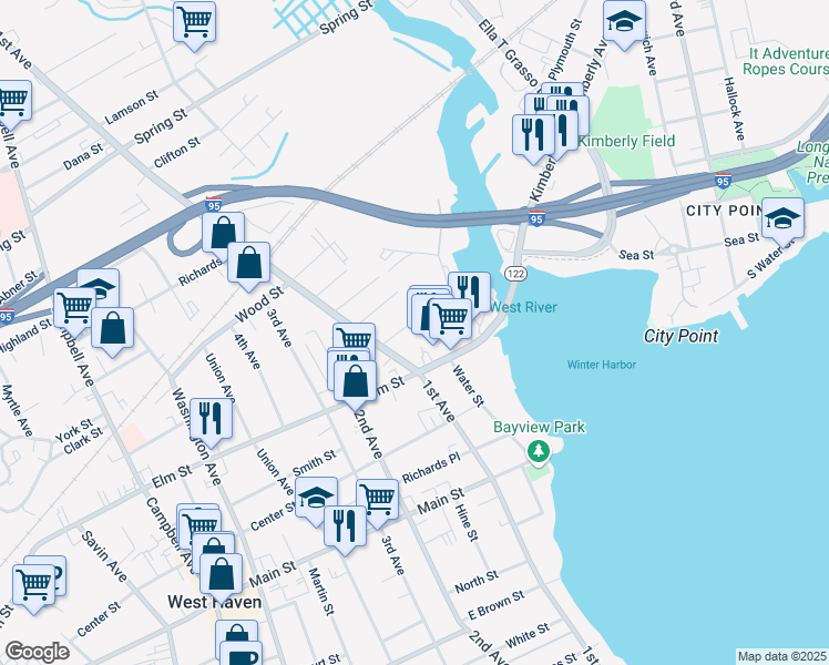 map of restaurants, bars, coffee shops, grocery stores, and more near 30 Wallace Street in West Haven