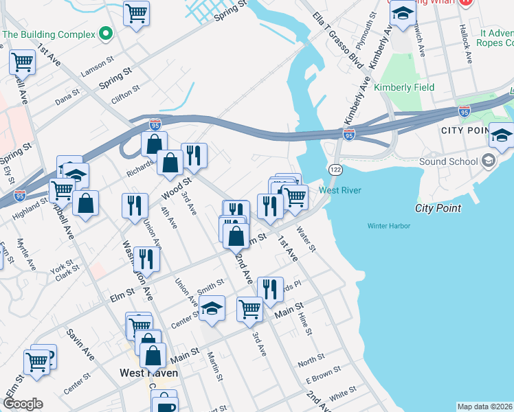 map of restaurants, bars, coffee shops, grocery stores, and more near 481 1st Avenue in West Haven