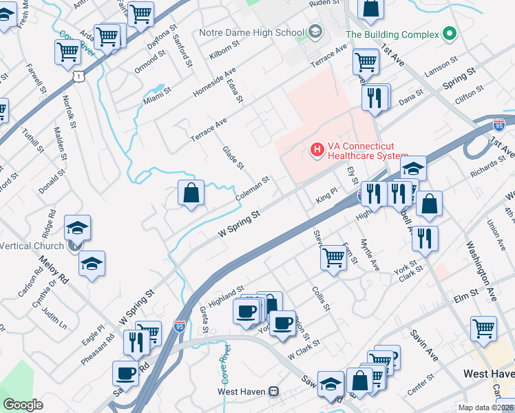 map of restaurants, bars, coffee shops, grocery stores, and more near 175 West Spring Street in West Haven