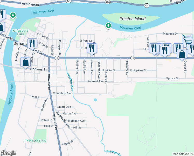 map of restaurants, bars, coffee shops, grocery stores, and more near 640 Tiedeman Avenue in Defiance