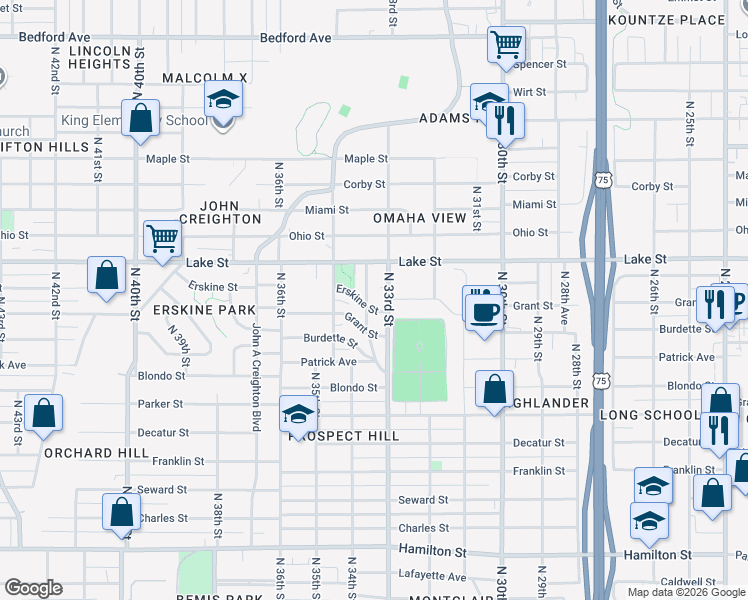 map of restaurants, bars, coffee shops, grocery stores, and more near 3353 Erskine Street in Omaha