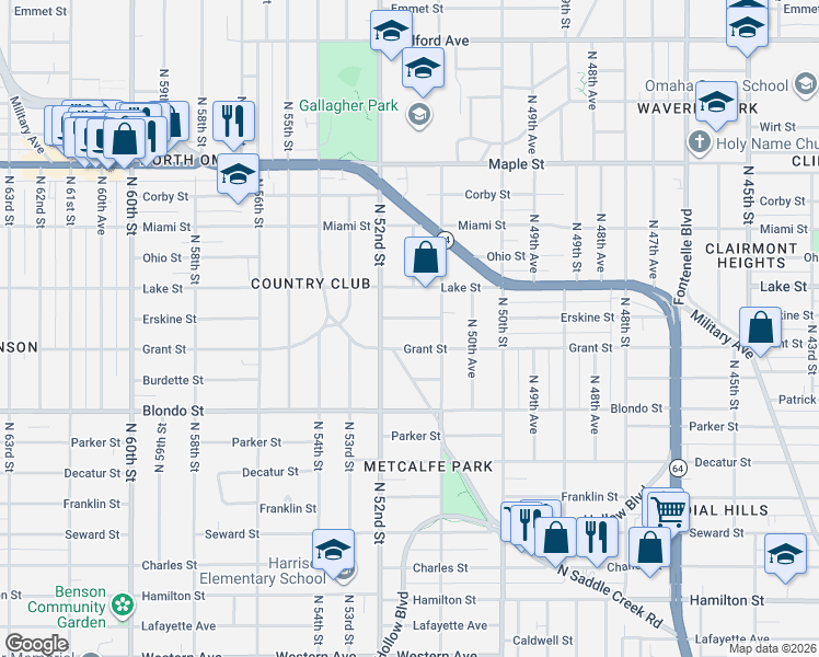 map of restaurants, bars, coffee shops, grocery stores, and more near 5128 Grant Street in Omaha
