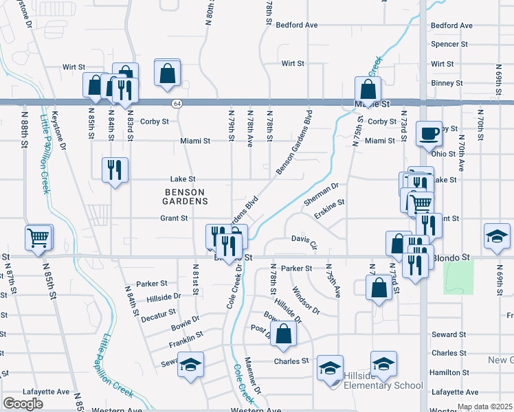 map of restaurants, bars, coffee shops, grocery stores, and more near 2301 Benson Gardens Boulevard in Omaha