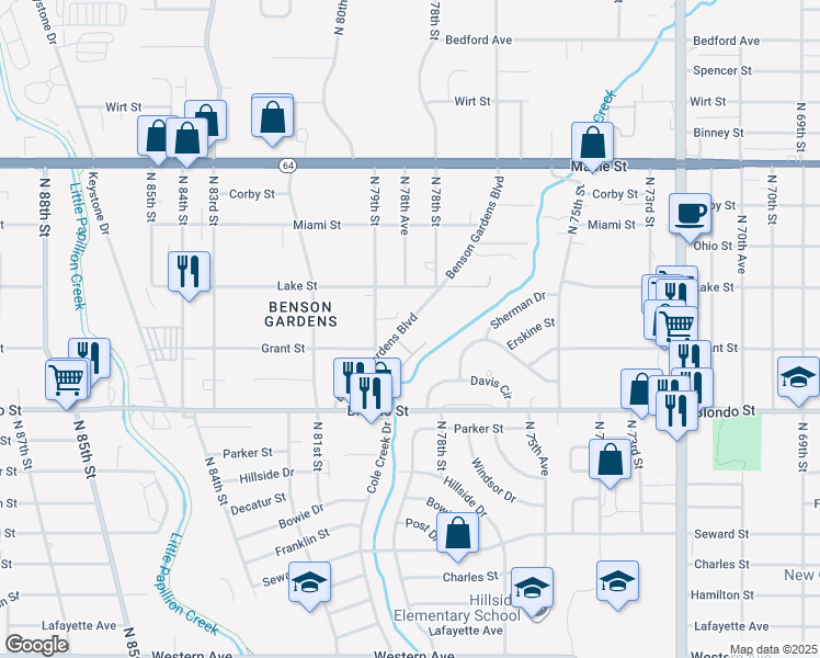map of restaurants, bars, coffee shops, grocery stores, and more near 2301 Benson Gardens Boulevard in Omaha