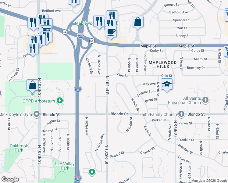 map of restaurants, bars, coffee shops, grocery stores, and more near 2410 North 100th Street in Omaha