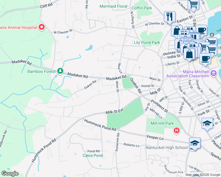 map of restaurants, bars, coffee shops, grocery stores, and more near 51 Vestal Street in Nantucket