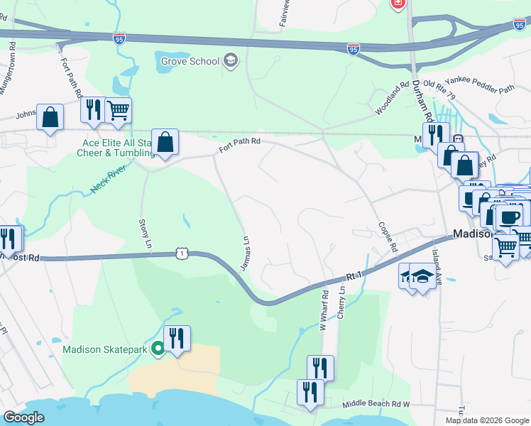 map of restaurants, bars, coffee shops, grocery stores, and more near 63 Sterling Park in Madison