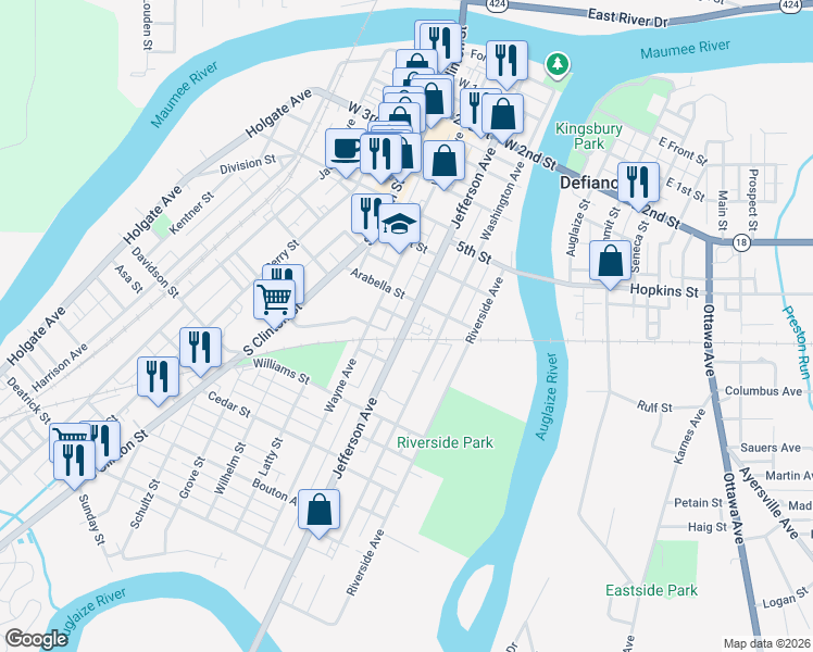 map of restaurants, bars, coffee shops, grocery stores, and more near 723 Jefferson Avenue in Defiance