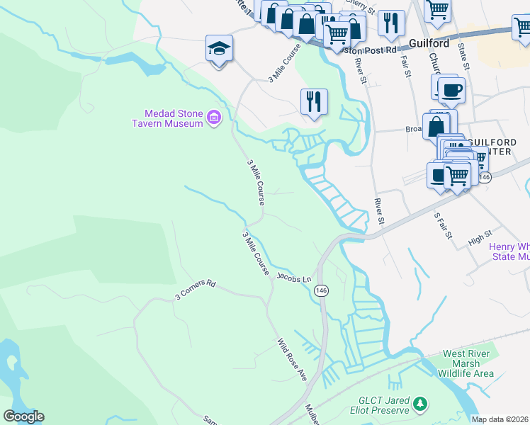 map of restaurants, bars, coffee shops, grocery stores, and more near 351 3 Mile Course in Guilford