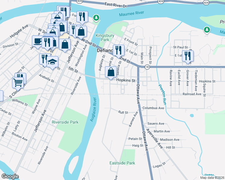 map of restaurants, bars, coffee shops, grocery stores, and more near 640 Summit Street in Defiance