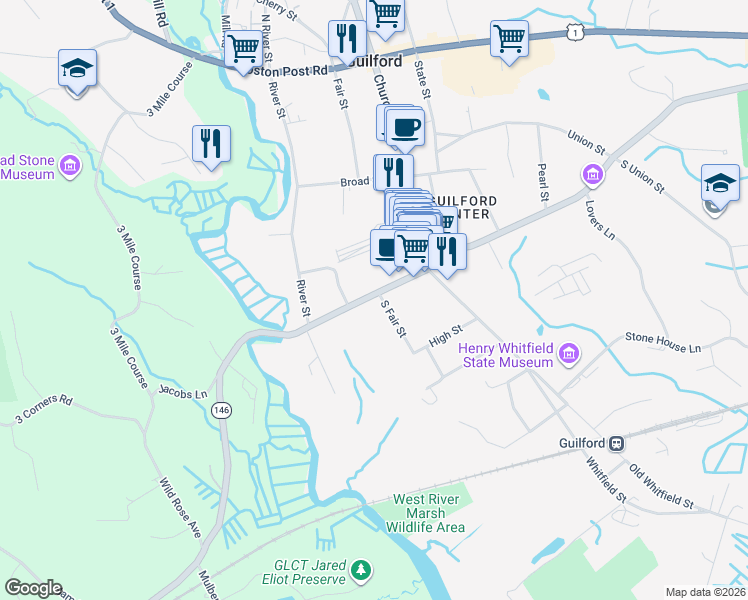 map of restaurants, bars, coffee shops, grocery stores, and more near 54 Water Street in Guilford