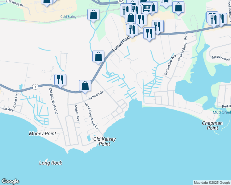 map of restaurants, bars, coffee shops, grocery stores, and more near 100 Chapman Beach Road in Westbrook