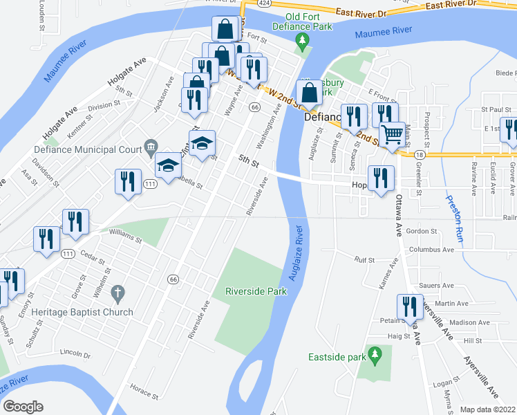 map of restaurants, bars, coffee shops, grocery stores, and more near 649 Riverside Avenue in Defiance