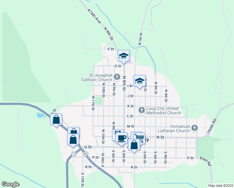 map of restaurants, bars, coffee shops, grocery stores, and more near 434-602 North 9th Street in Loup City