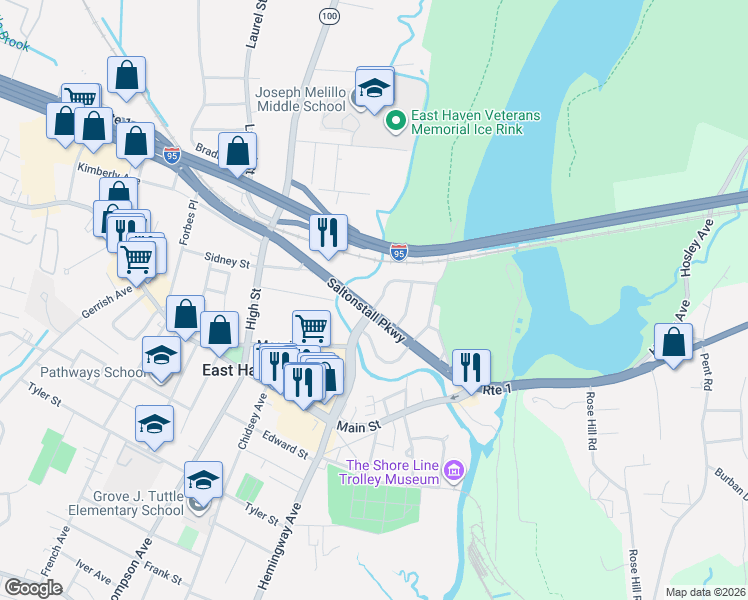 map of restaurants, bars, coffee shops, grocery stores, and more near 141 Saltonstall Parkway in East Haven